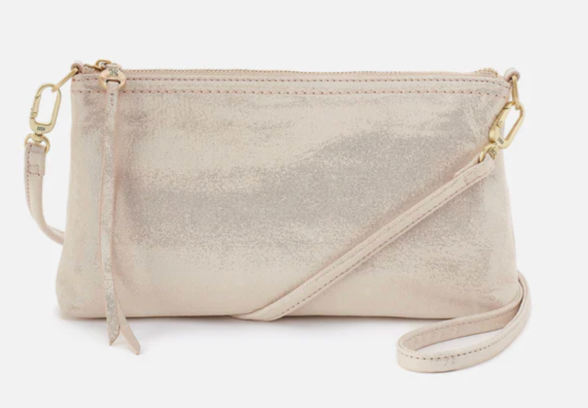 Darcy Crossbody in Metallic Leather: Sand Shimmer